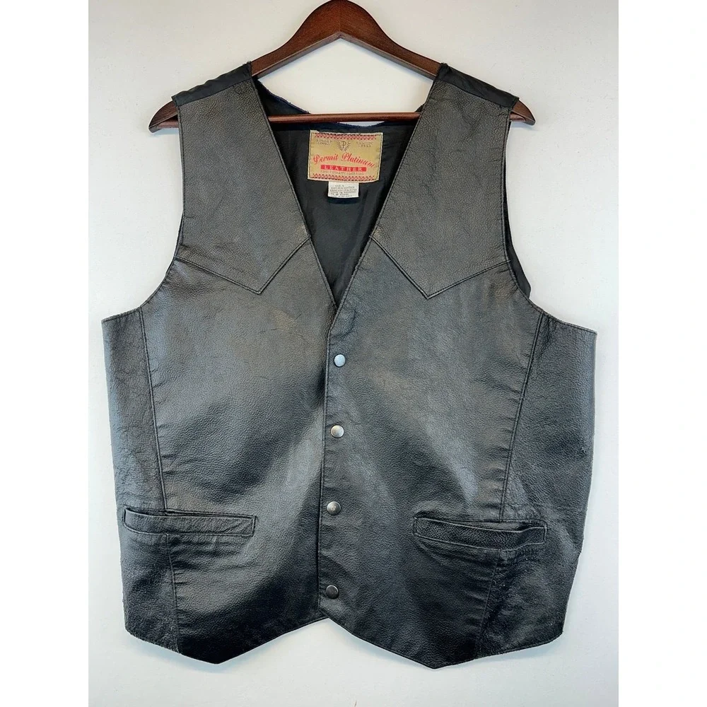 Permit Platinum Leather Vest Large Black Western Biker Cowboy Motorcycle Rugged
